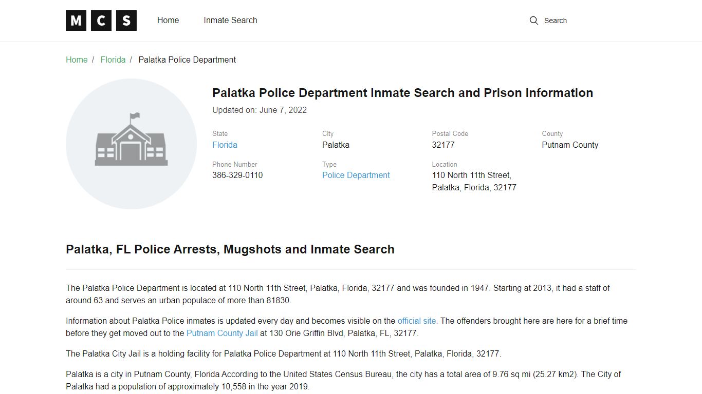 Palatka Police Department Inmate Search and Prison Information